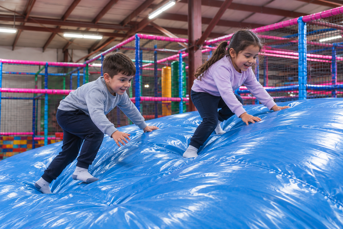 Des enfants s’amusent sur les toboggans